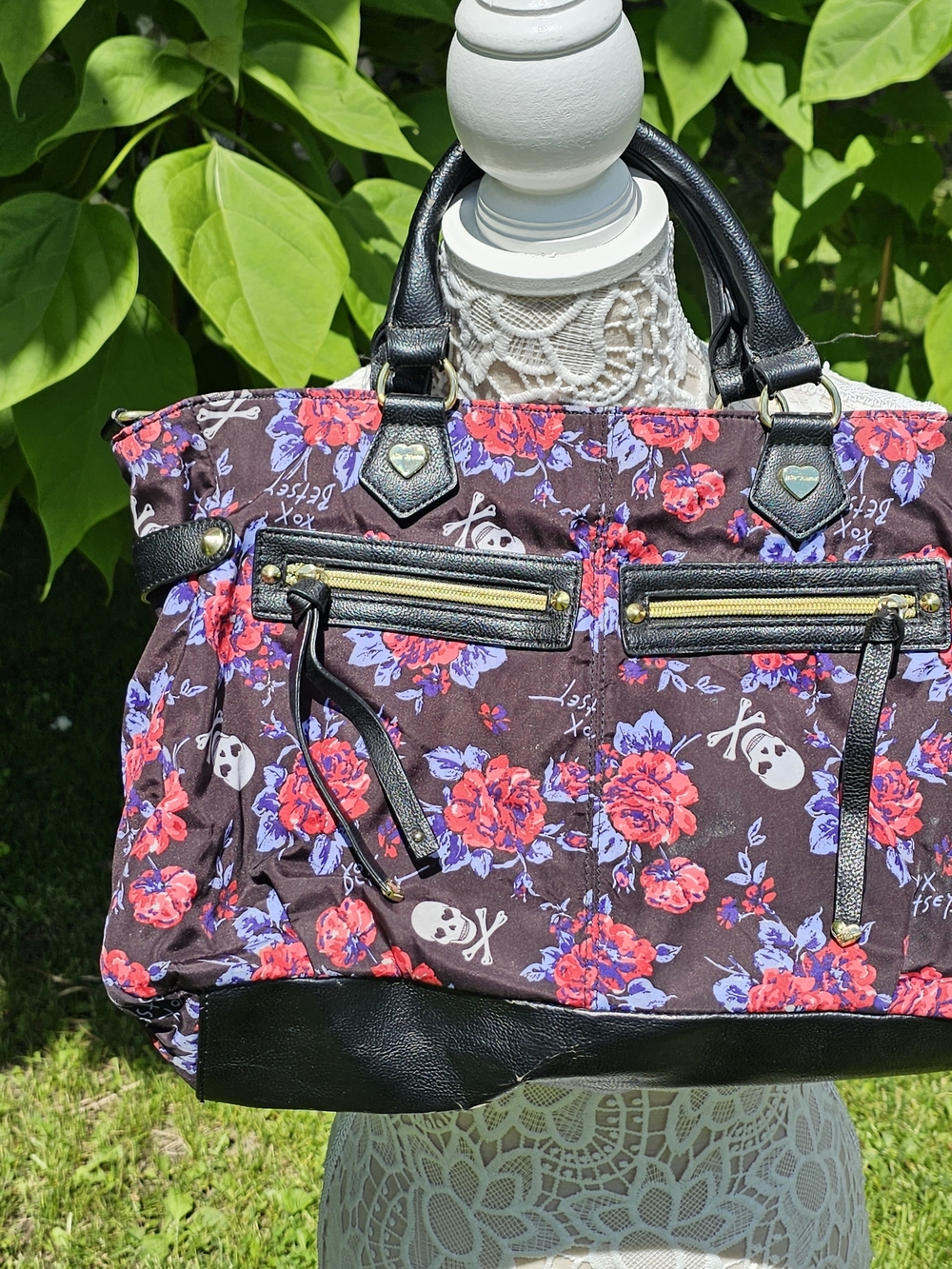 Betsey Johnson Black Floral Skull Tote with Red and Purple Roses